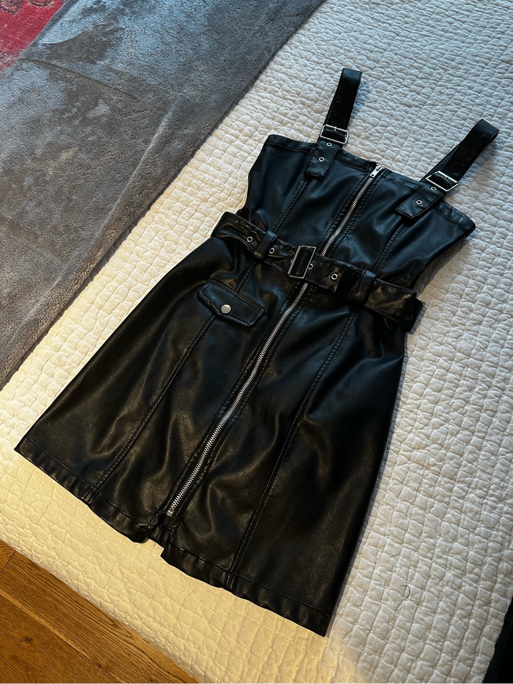 H&M Black Faux Leather Mini Dress with Belted Waist and Buckle Straps